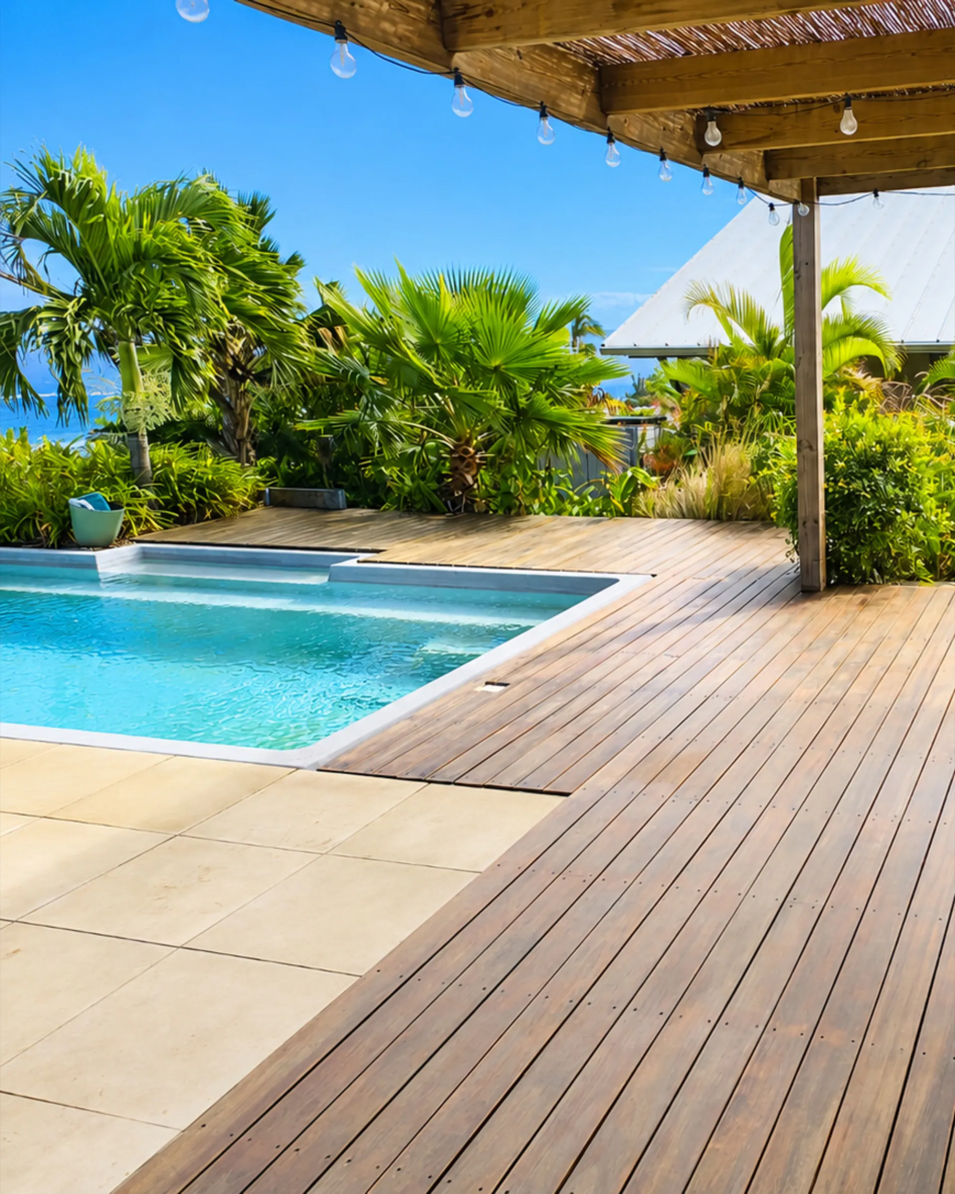 Terrasse bois couverte face à la piscine