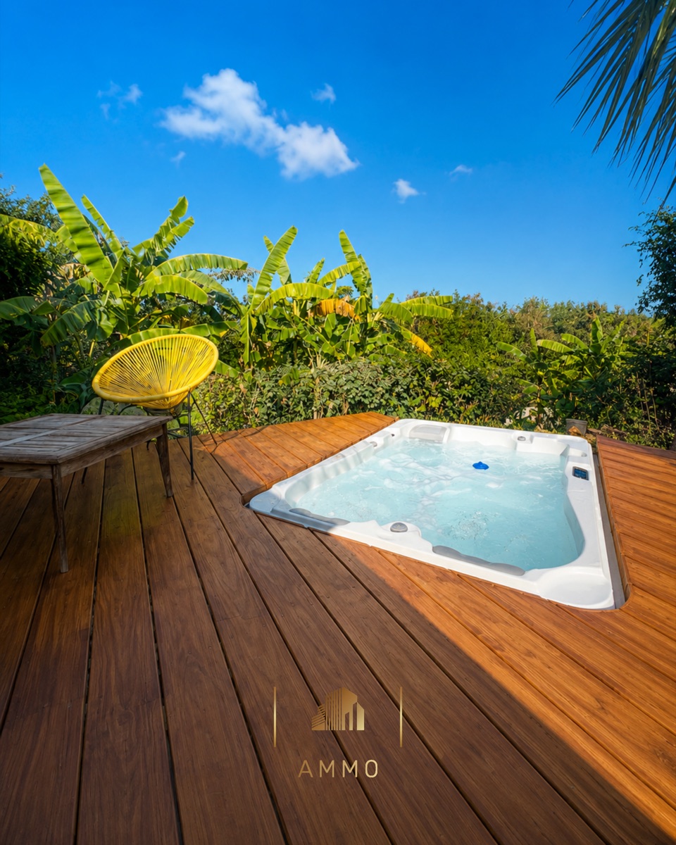 Spa encastré dans une terrasse bois