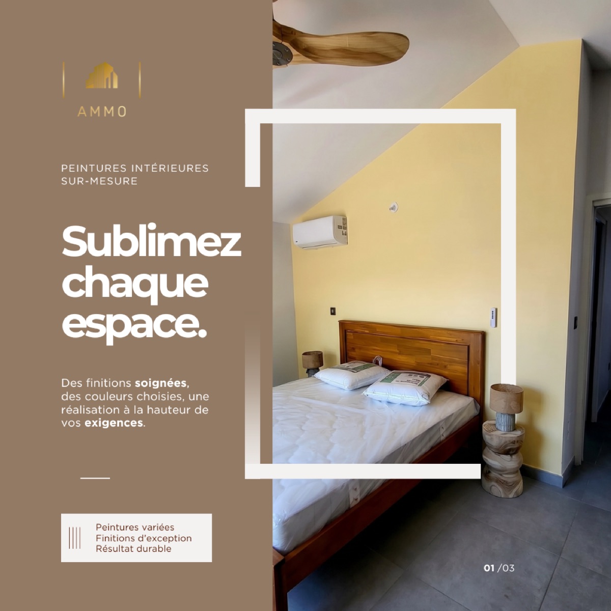 Chambre aux murs jaunes — peinture intérieure sur-mesure AMMO