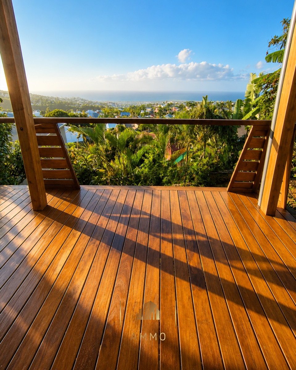 Terrasse bois panoramique avec vue sur les hauteurs de La Réunion