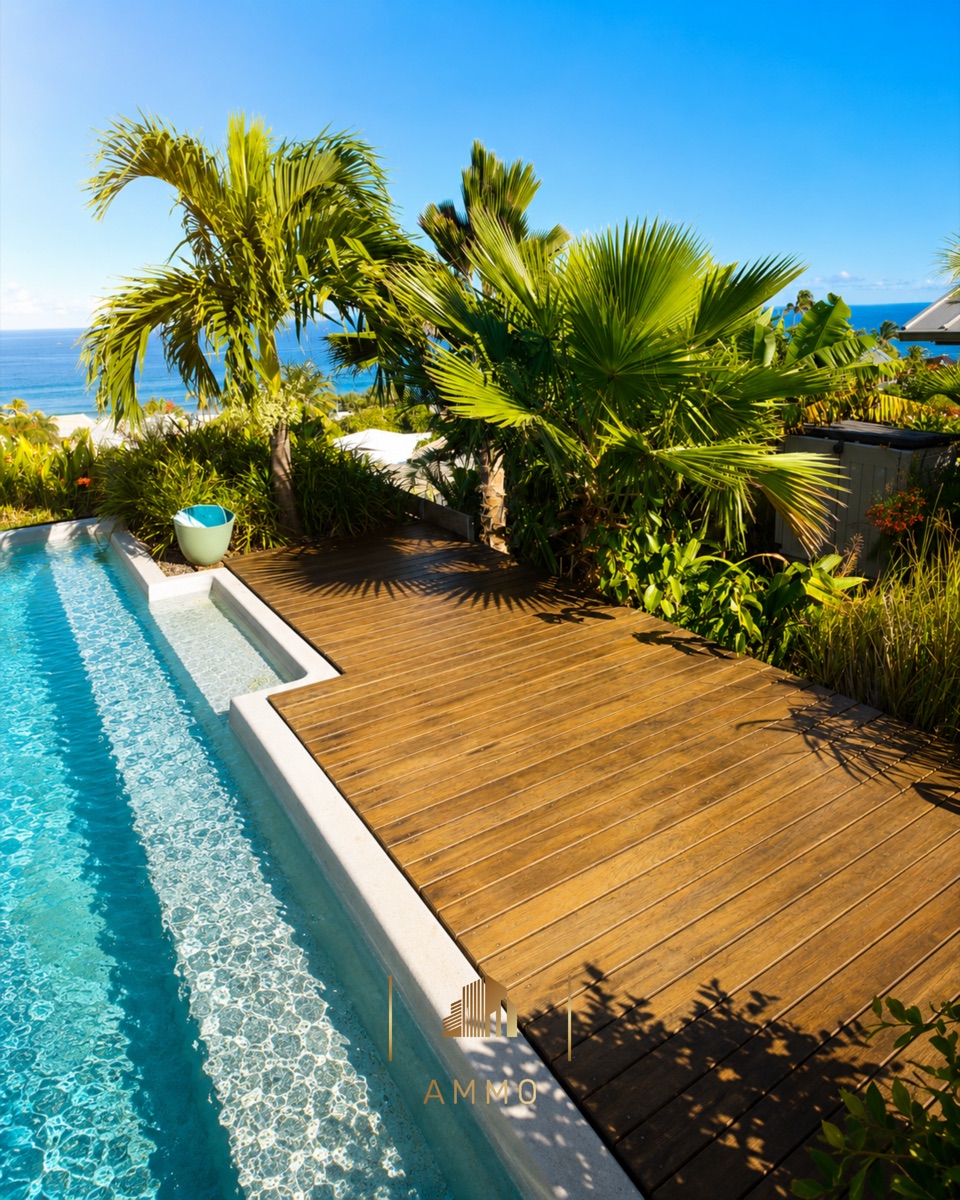 Piscine à débordement et terrasse bois face à l'océan