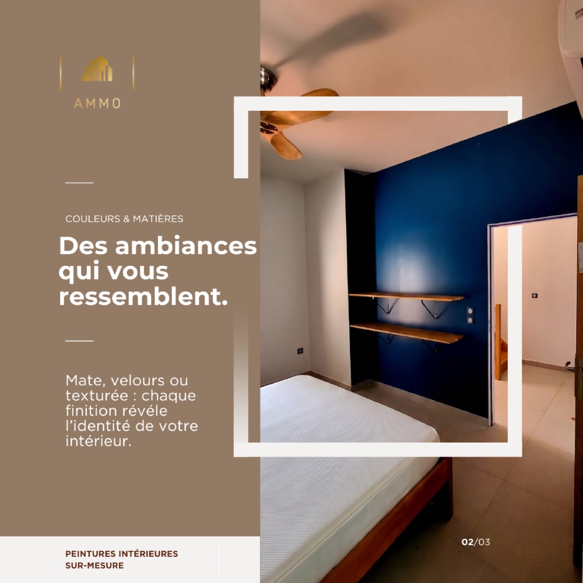 Chambre aux murs bleus — couleurs et matières AMMO
