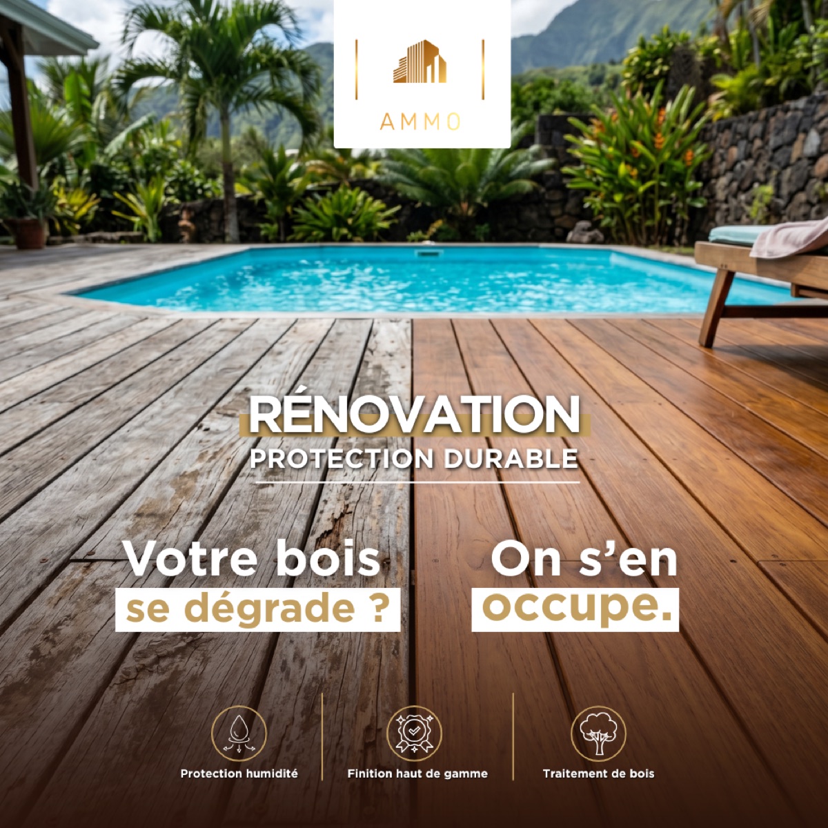 Avant / après rénovation et protection d'une terrasse bois — AMMO
